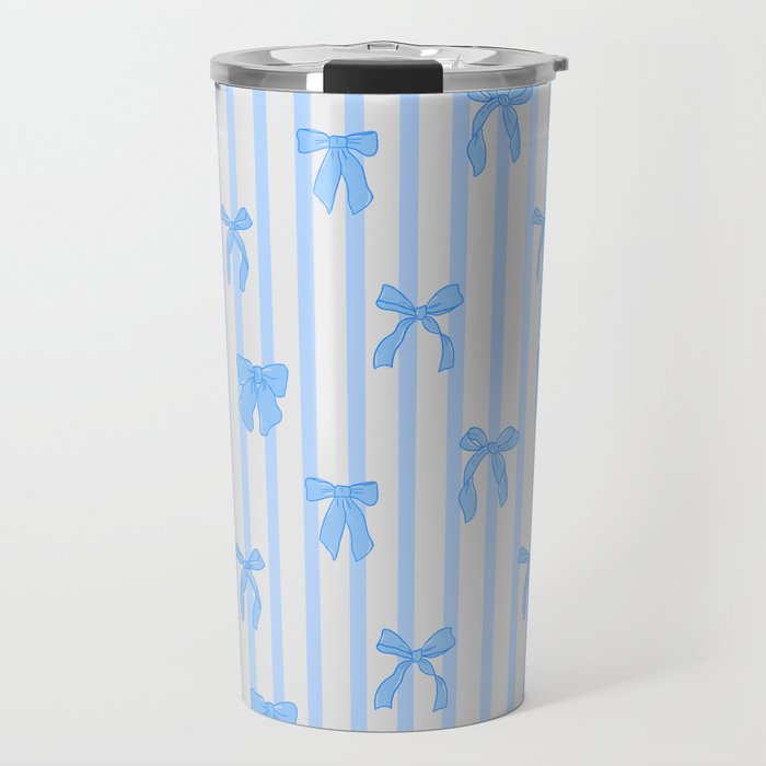 Elegant Blue Bows and Stripes Pattern Travel Mug Gallery Image 1