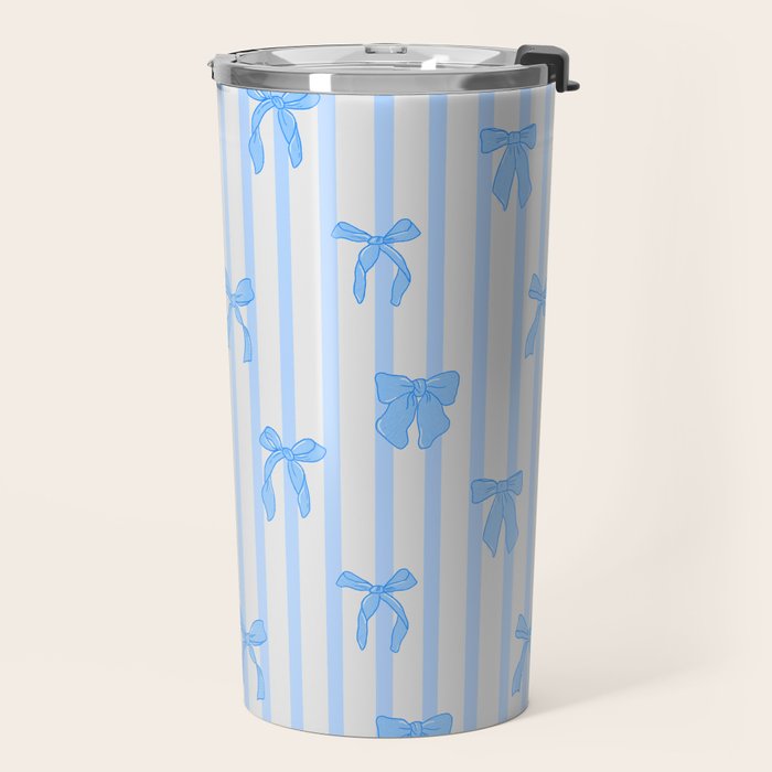 Elegant Blue Bows and Stripes Pattern Travel Mug Gallery Image 2