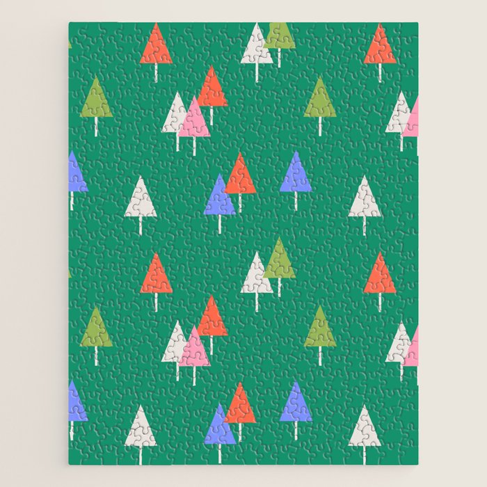 Minimalist Festive Trees on Green - Modern Holiday Pattern Jigsaw Puzzle Gallery Image 1