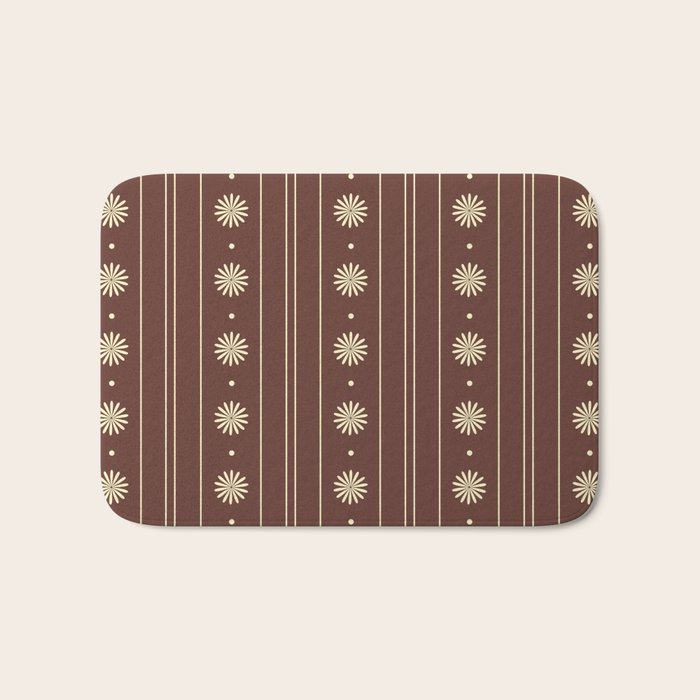 Daisy Stripes Vintage Contemporary Pattern in Brown and Cream Bath Mat Gallery Image 1