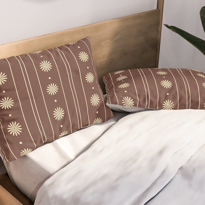 Daisy Stripes Vintage Contemporary Pattern in Brown and Cream Pillow Sham Gallery Image 2