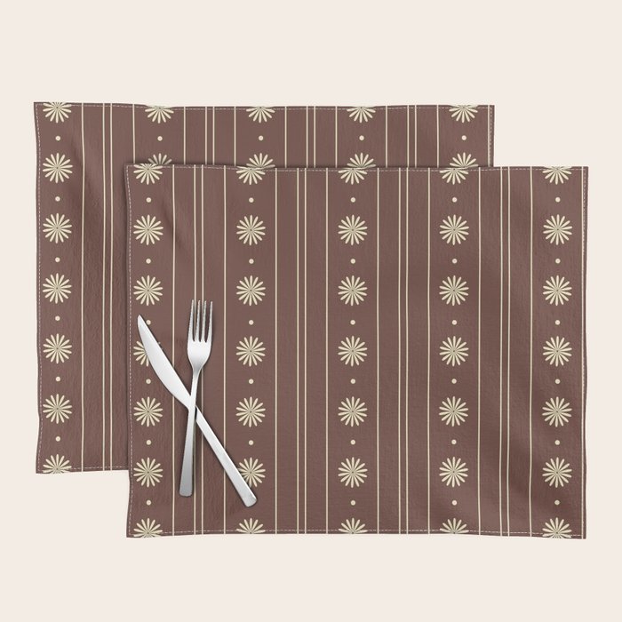 Daisy Stripes Vintage Contemporary Pattern in Brown and Cream Placemat Gallery Image 1