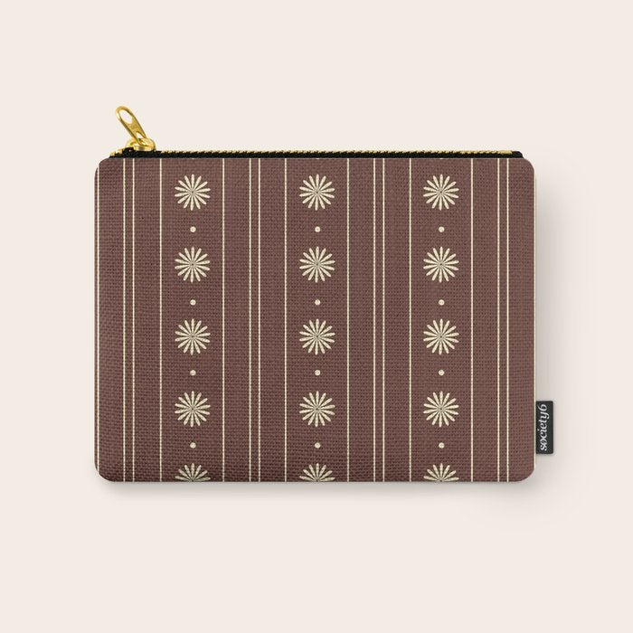 Daisy Stripes Vintage Contemporary Pattern in Brown and Cream Carry All Pouch Gallery Image 1