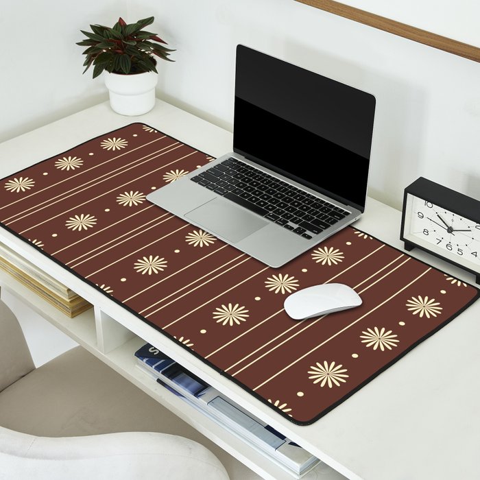 Daisy Stripes Vintage Contemporary Pattern in Brown and Cream Desk Mat Gallery Image 2