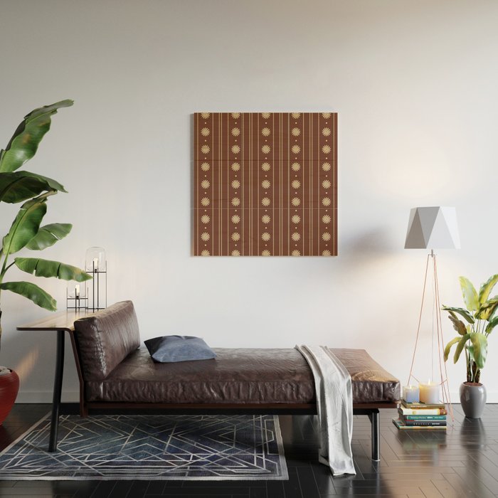 Daisy Stripes Vintage Contemporary Pattern in Brown and Cream Wood Wall Art Gallery Image 2