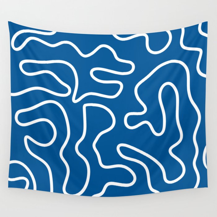 Squiggle Maze Minimalist Abstract Pattern in Blue and White Wall Tapestry Gallery Image 1