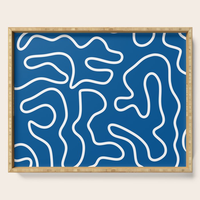 Squiggle Maze Minimalist Abstract Pattern in Blue and White Serving Tray Gallery Image 1