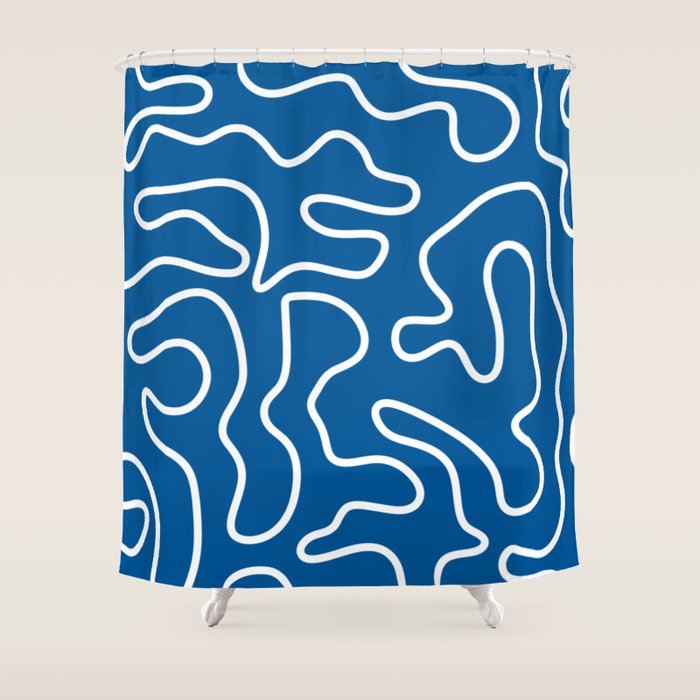 Squiggle Maze Minimalist Abstract Pattern in Blue and White Shower Curtain Gallery Image 1