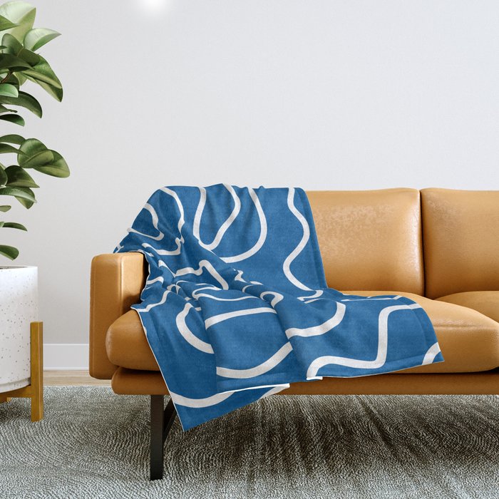 Squiggle Maze Minimalist Abstract Pattern in Blue and White Throw Blanket Gallery Image 1