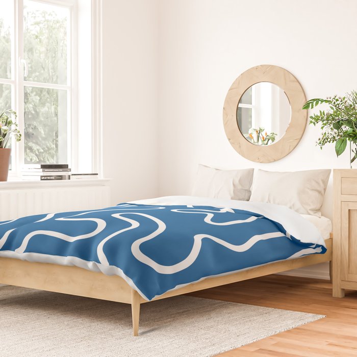Squiggle Maze Minimalist Abstract Pattern in Blue and White Duvet Cover Gallery Image 2
