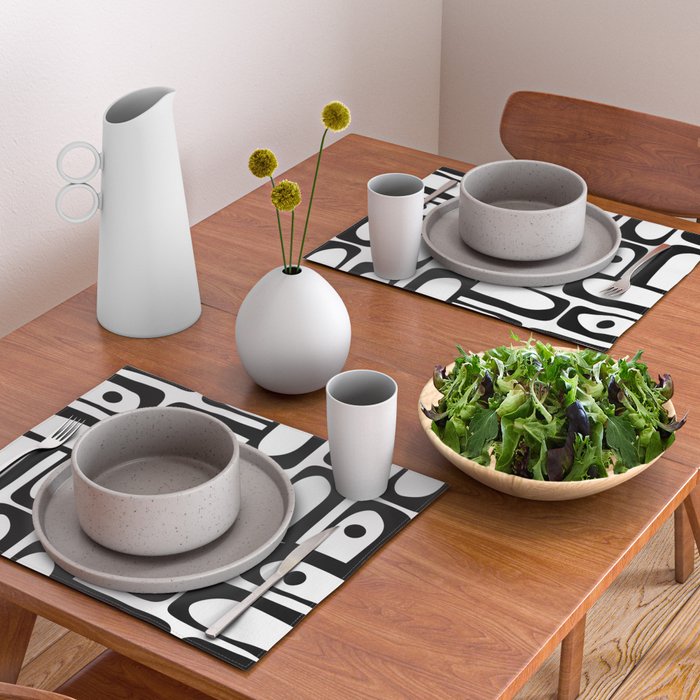 Mid Century Modern Piquet Multi Abstract Retro Geometric Pattern in Black and White Placemat Gallery Image 2