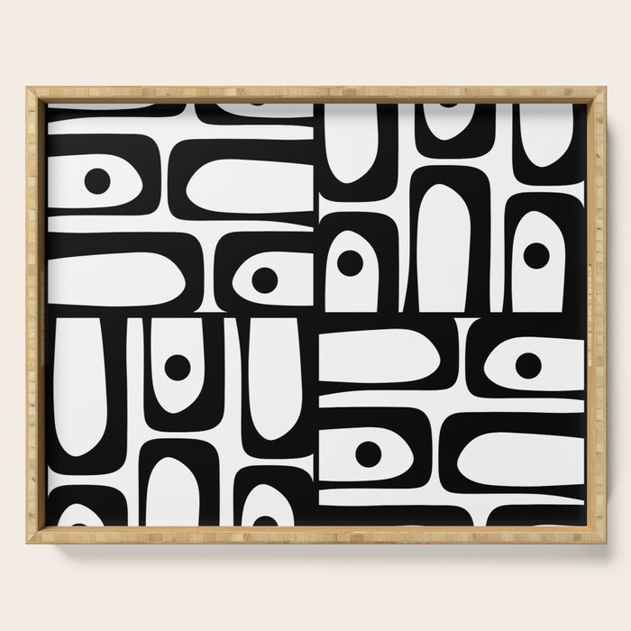 Mid Century Modern Piquet Multi Abstract Retro Geometric Pattern in Black and White Serving Tray Gallery Image 1