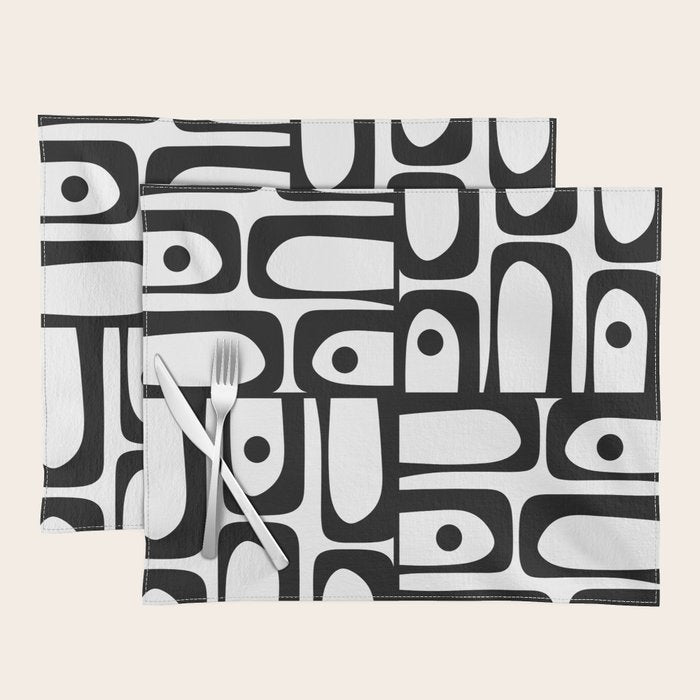 Mid Century Modern Piquet Multi Abstract Retro Geometric Pattern in Black and White Placemat Gallery Image 1