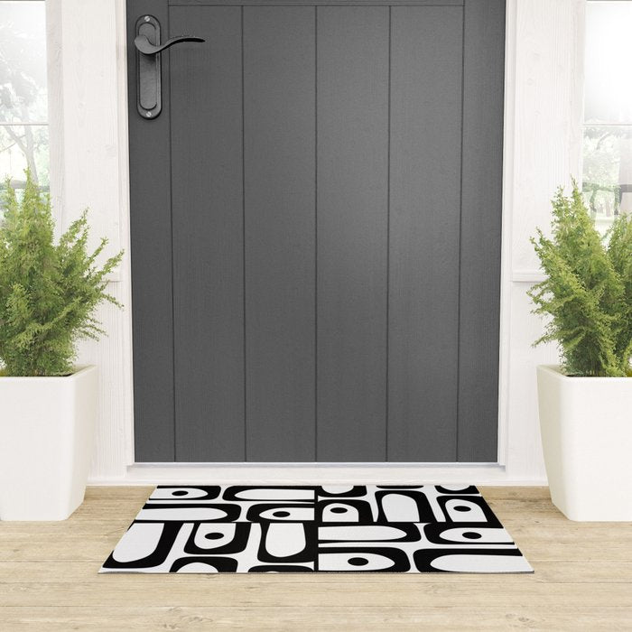 Mid Century Modern Piquet Multi Abstract Retro Geometric Pattern in Black and White Welcome Mat Gallery Image 3