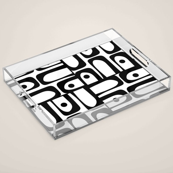 Mid Century Modern Piquet Multi Abstract Retro Geometric Pattern in Black and White Acrylic Tray Gallery Image 1