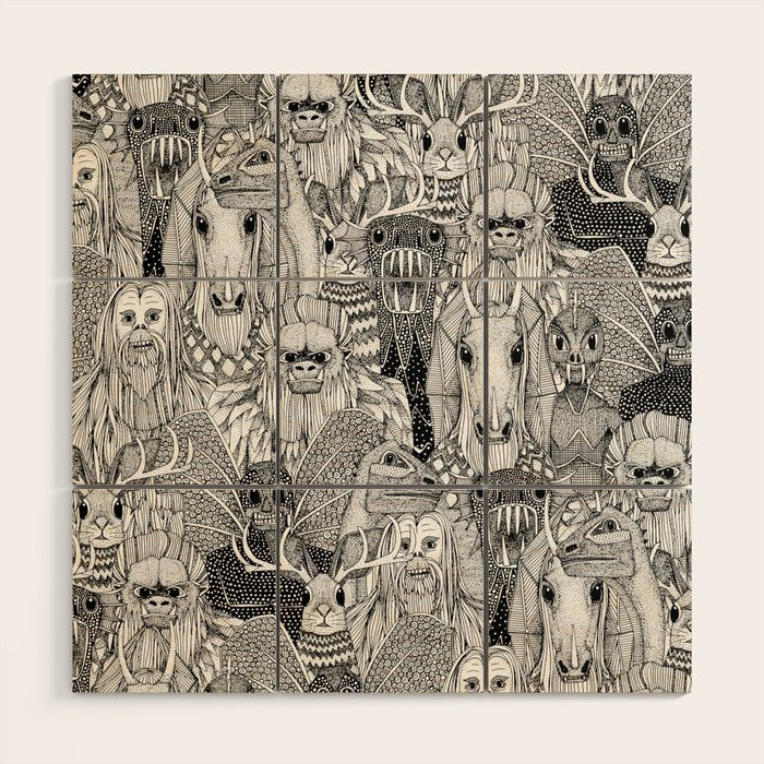 cryptid crowd black white Wood Wall Art Gallery Image 1
