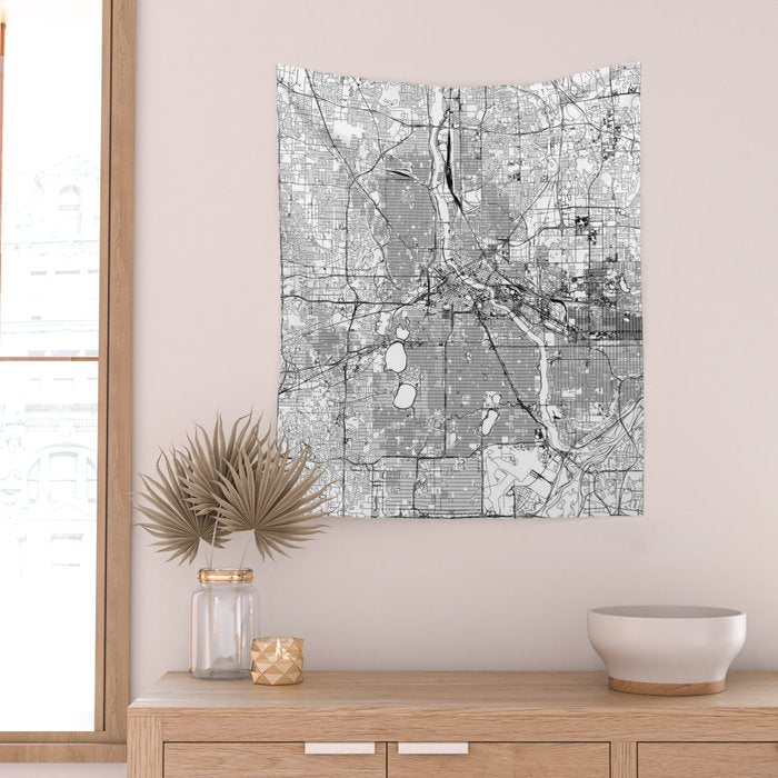 Minneapolis White Map Wall Tapestry Gallery Image 2