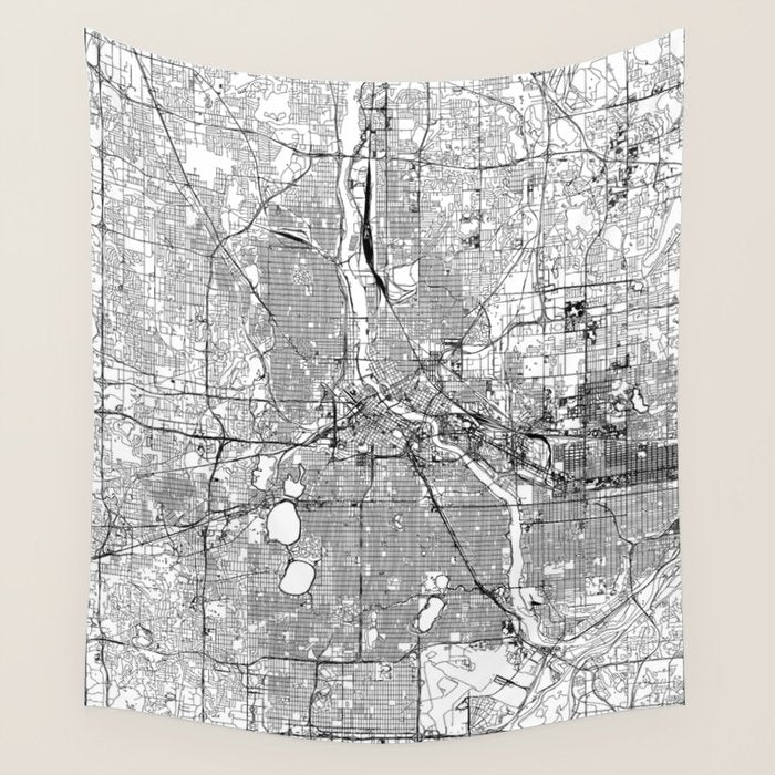 Minneapolis White Map Wall Tapestry Gallery Image 1