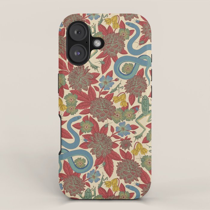 Large-Scale Dahlias, Frogs, Snakes, Praying Mantis in Red and Blue iPhone Case Gallery Image 1