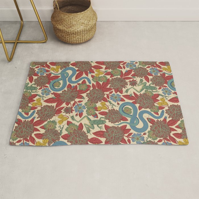 Large-Scale Dahlias, Frogs, Snakes, Praying Mantis in Red and Blue Rug Gallery Image 1