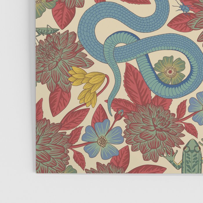 Large-Scale Dahlias, Frogs, Snakes, Praying Mantis in Red and Blue Poster Gallery Image 3