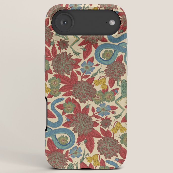 Large-Scale Dahlias, Frogs, Snakes, Praying Mantis in Red and Blue iPhone Case Gallery Image 6