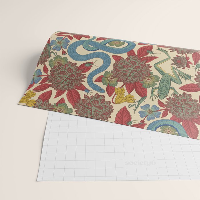 Large-Scale Dahlias, Frogs, Snakes, Praying Mantis in Red and Blue Wrapping Paper Gallery Image 2