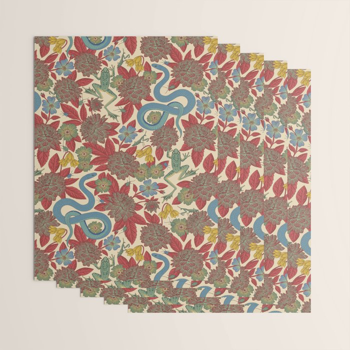 Large-Scale Dahlias, Frogs, Snakes, Praying Mantis in Red and Blue Wrapping Paper Gallery Image 3