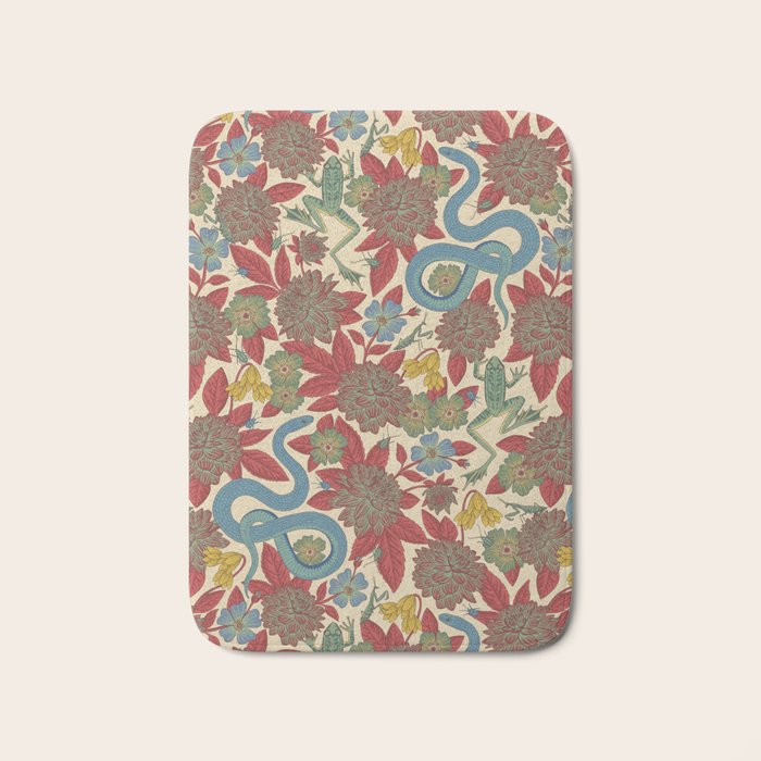 Large-Scale Dahlias, Frogs, Snakes, Praying Mantis in Red and Blue Bath Mat Gallery Image 1