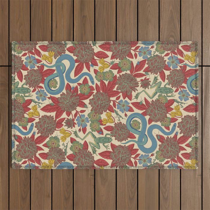 Large-Scale Dahlias, Frogs, Snakes, Praying Mantis in Red and Blue Outdoor Rug Gallery Image 1