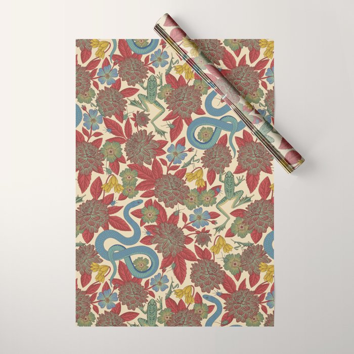 Large-Scale Dahlias, Frogs, Snakes, Praying Mantis in Red and Blue Wrapping Paper Gallery Image 1