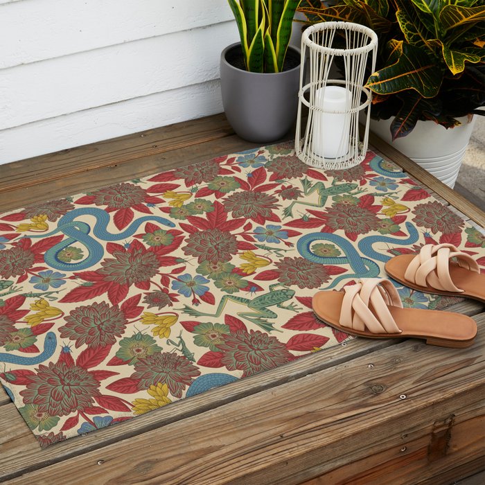 Large-Scale Dahlias, Frogs, Snakes, Praying Mantis in Red and Blue Outdoor Rug Gallery Image 2