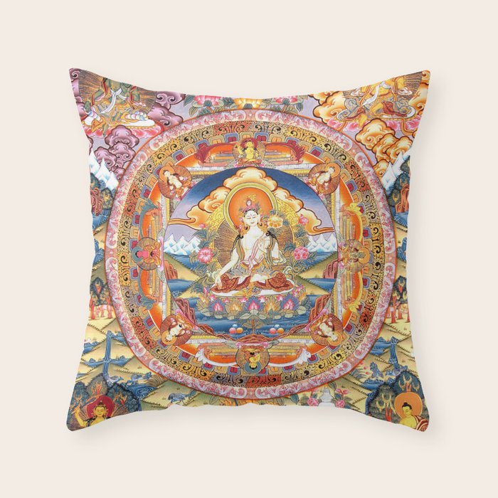 White Tara Mandala Buddhist Thangka Throw Pillow Gallery Image 6