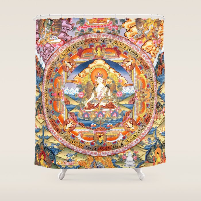 White Tara Mandala Buddhist Thangka Shower Curtain Gallery Image 1