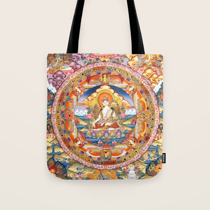 White Tara Mandala Buddhist Thangka Tote Bag Gallery Image 1