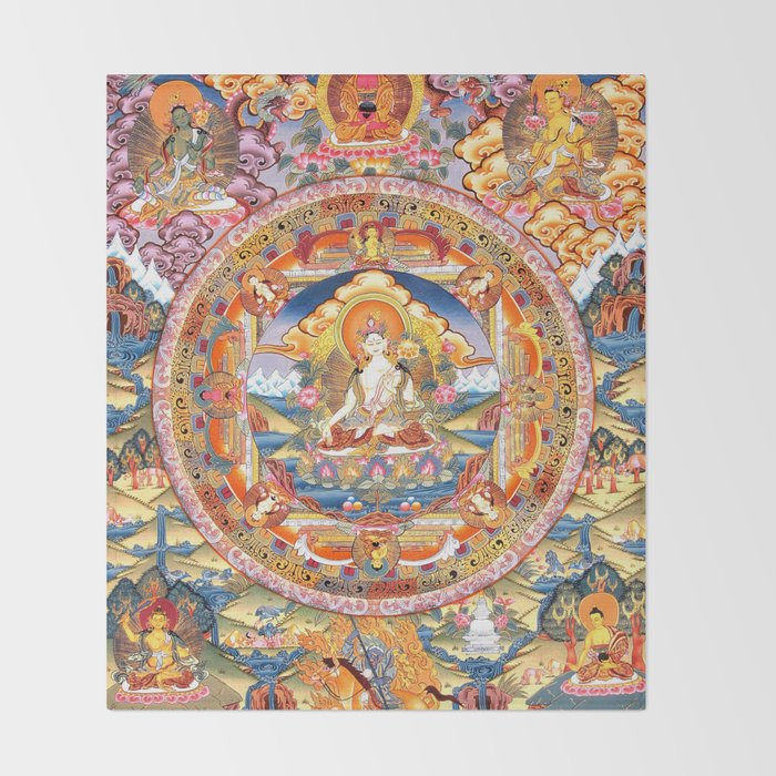 White Tara Mandala Buddhist Thangka Throw Blanket Gallery Image 2