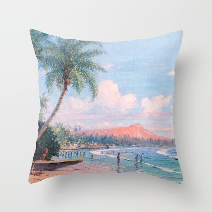 Waikiki Beach, Diamond Head, Oahu landscape painting by D. Howard Hitchcock Throw Pillow Gallery Image 1