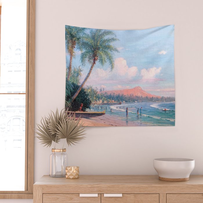 Waikiki Beach, Diamond Head, Oahu landscape painting by D. Howard Hitchcock Wall Tapestry Gallery Image 2