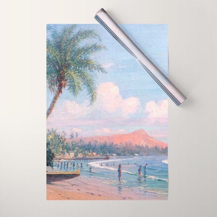 Waikiki Beach, Diamond Head, Oahu landscape painting by D. Howard Hitchcock Wrapping Paper Gallery Image 1