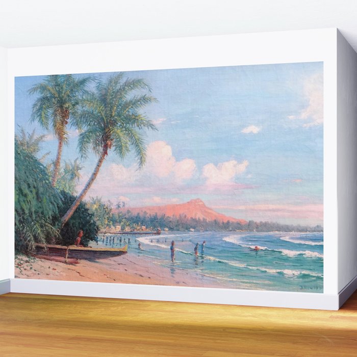 Waikiki Beach, Diamond Head, Oahu landscape painting by D. Howard Hitchcock Wall Mural Gallery Image 2