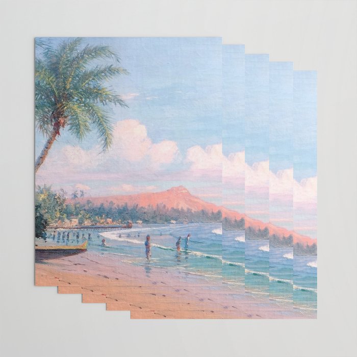 Waikiki Beach, Diamond Head, Oahu landscape painting by D. Howard Hitchcock Wrapping Paper Gallery Image 3