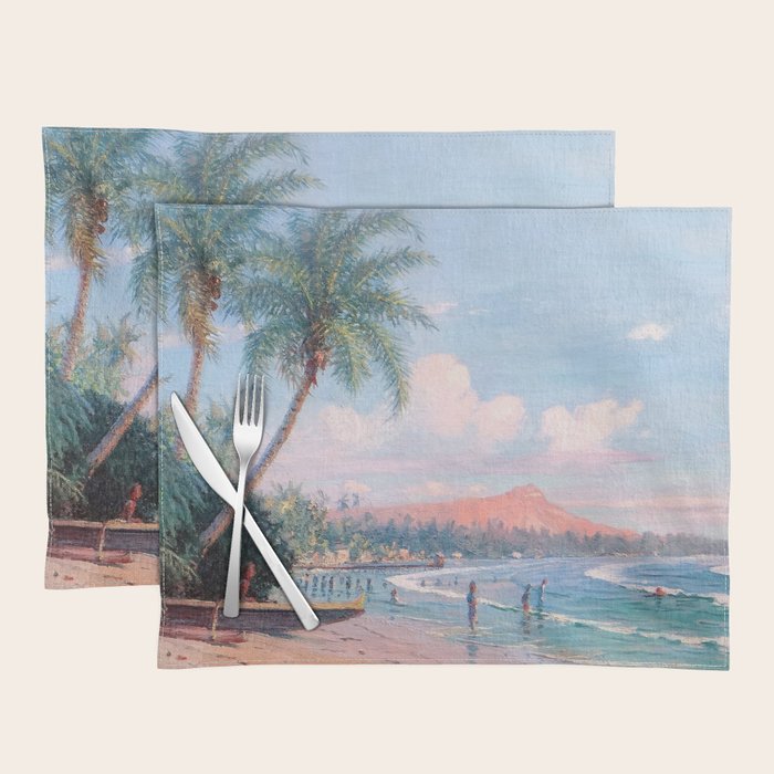 Waikiki Beach, Diamond Head, Oahu landscape painting by D. Howard Hitchcock Placemat Gallery Image 1