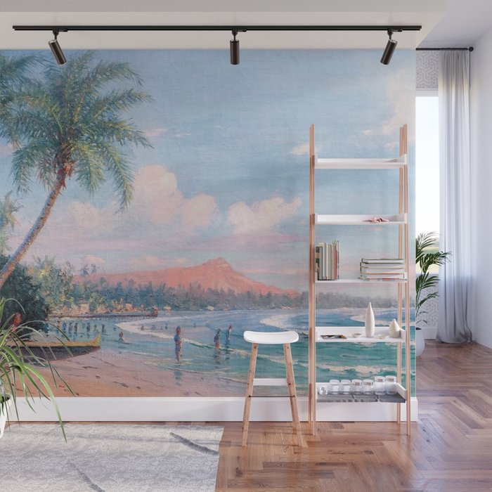 Waikiki Beach, Diamond Head, Oahu landscape painting by D. Howard Hitchcock Wall Mural Gallery Image 1