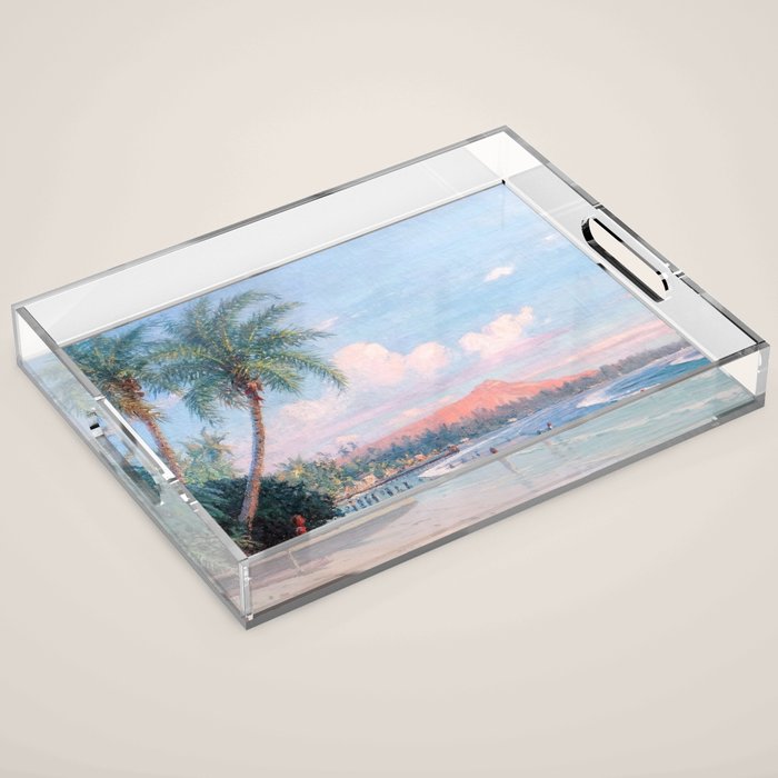 Waikiki Beach, Diamond Head, Oahu landscape painting by D. Howard Hitchcock Acrylic Tray Gallery Image 1