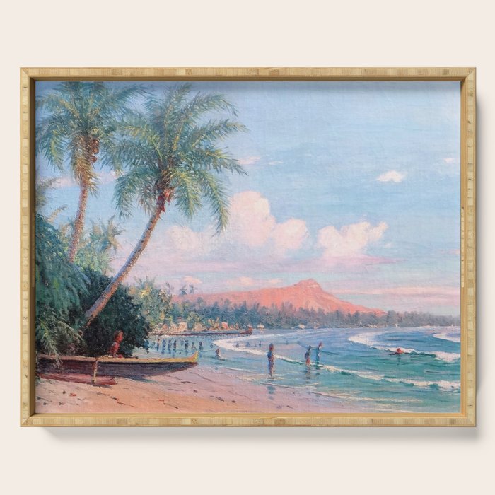 Waikiki Beach, Diamond Head, Oahu landscape painting by D. Howard Hitchcock Serving Tray Gallery Image 1
