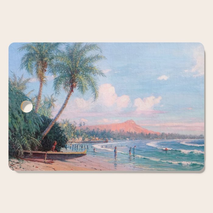Waikiki Beach, Diamond Head, Oahu landscape painting by D. Howard Hitchcock Cutting Board Gallery Image 1