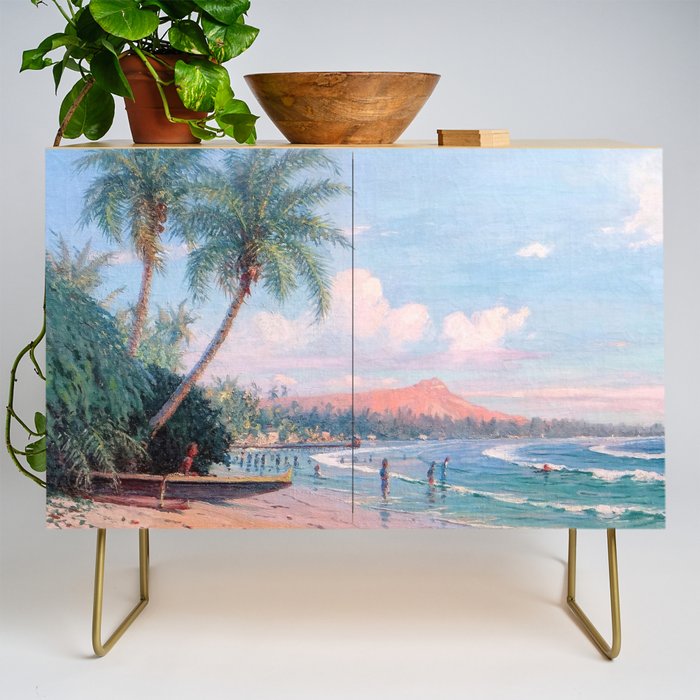Waikiki Beach, Diamond Head, Oahu landscape painting by D. Howard Hitchcock Credenza Gallery Image 1