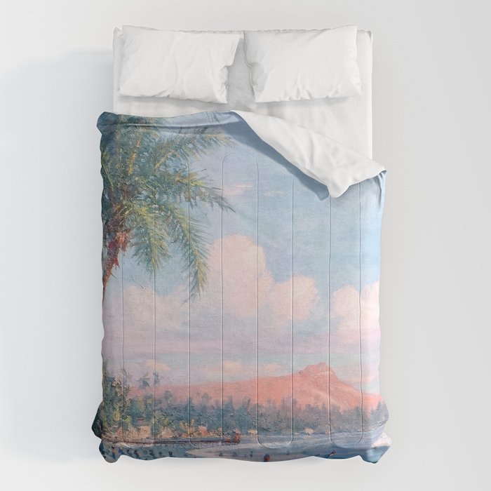 Waikiki Beach, Diamond Head, Oahu landscape painting by D. Howard Hitchcock Comforter Gallery Image 1