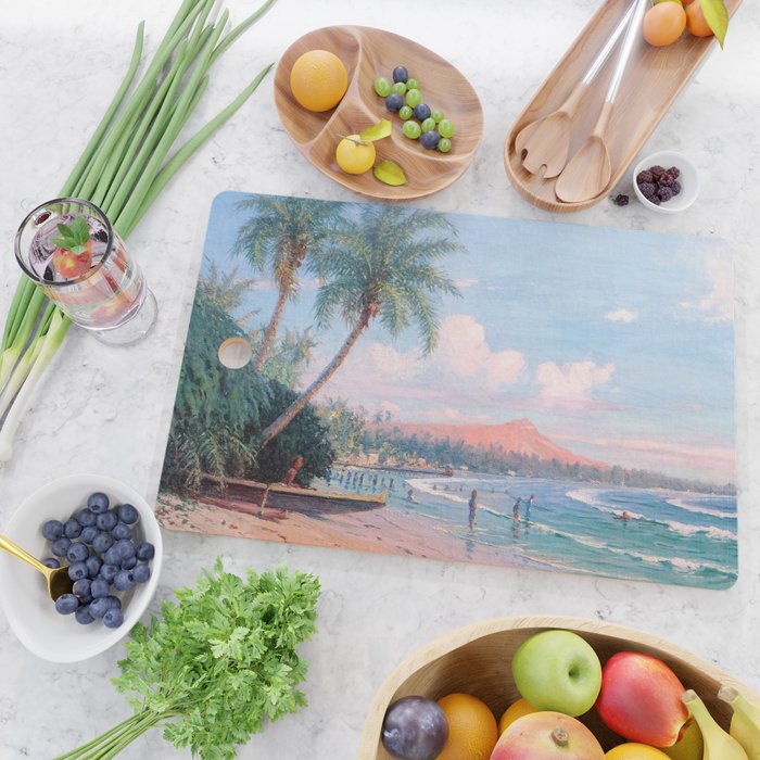Waikiki Beach, Diamond Head, Oahu landscape painting by D. Howard Hitchcock Cutting Board Gallery Image 2