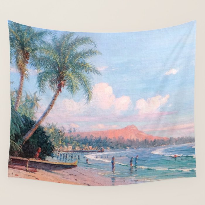 Waikiki Beach, Diamond Head, Oahu landscape painting by D. Howard Hitchcock Wall Tapestry Gallery Image 4
